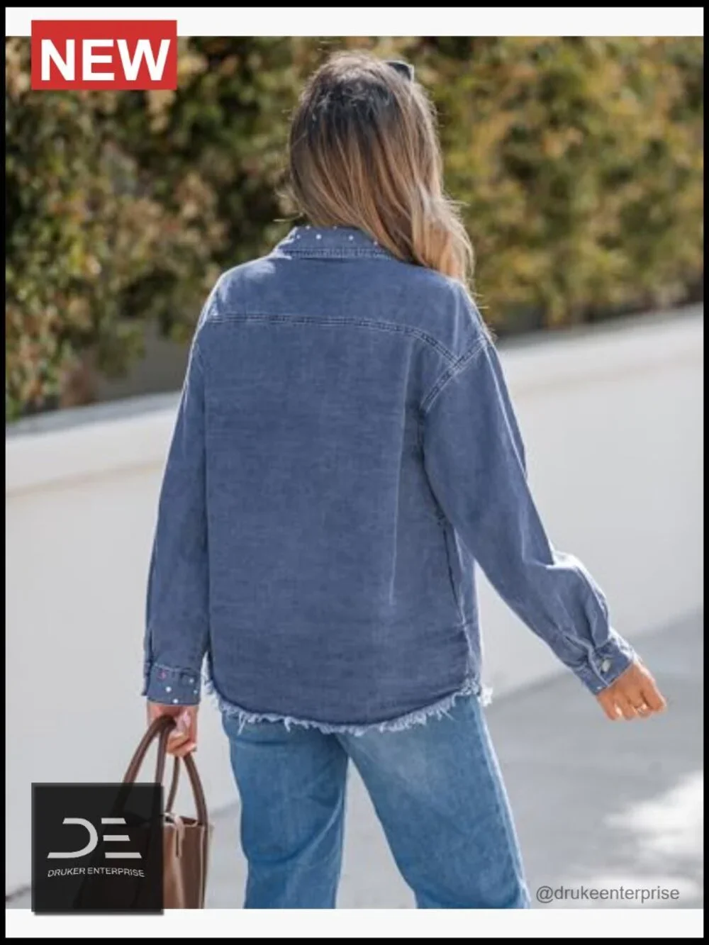 Embellished Rhinestone Pearl Denim Jacket Oversized Frayed Hem Pockets
